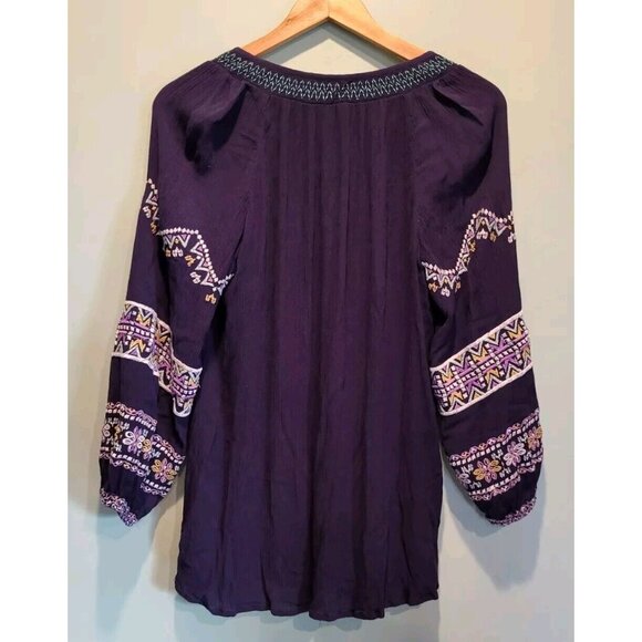 June & Vie Navy Blue Purple Boho Embroidered Long Sleeve Top Tassels Sz M - Picture 4 of 6